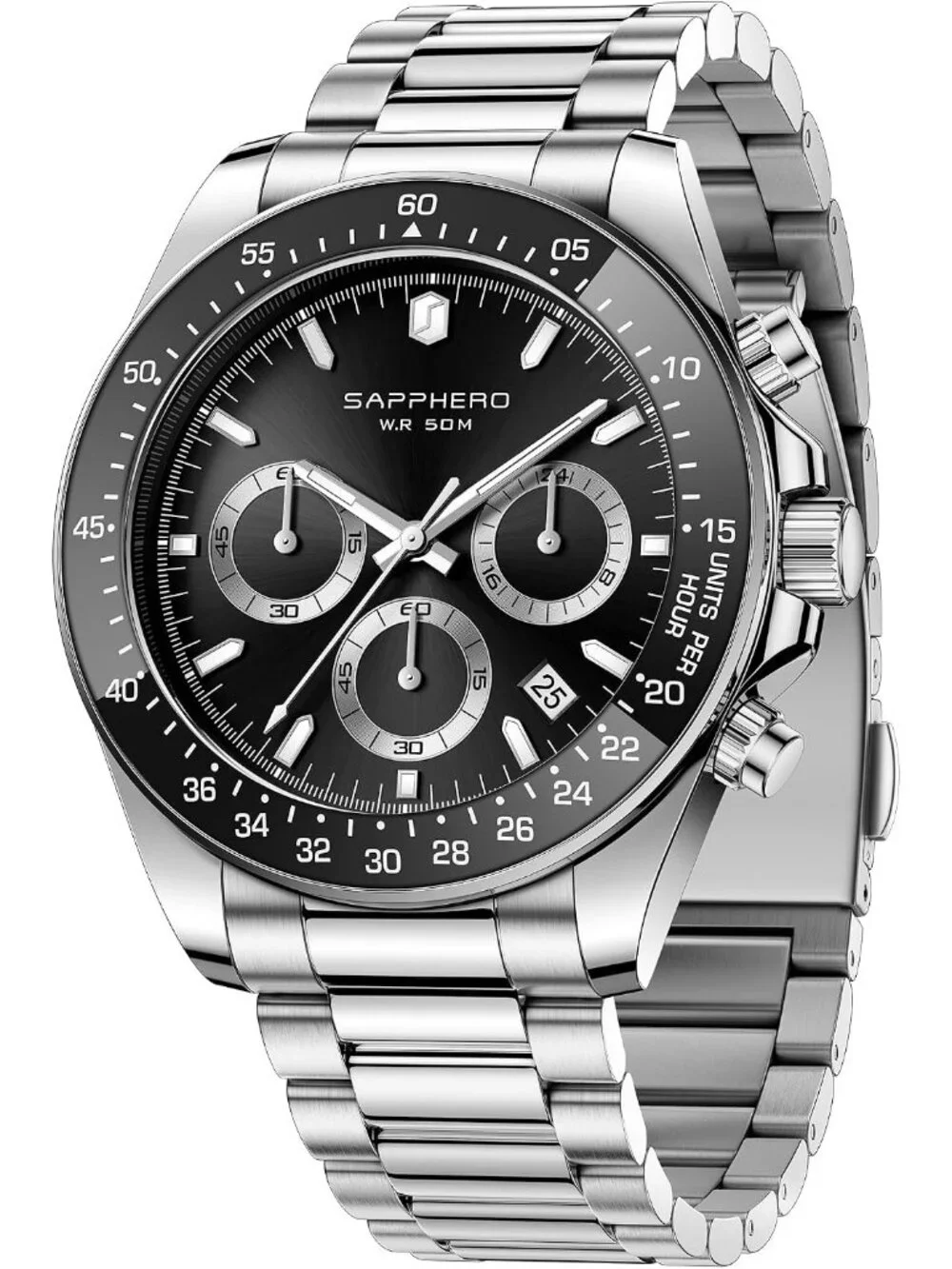 Men's Silver Strap Black Quartz Chronograph Stainless Steel Waterproof Watches